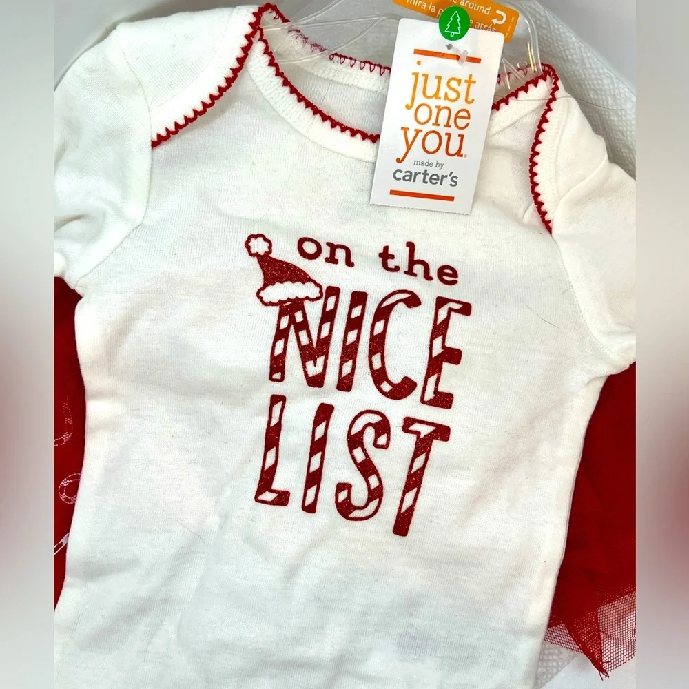 Carters Baby Christmas Outfit “On the nice list” Onsie & Tutu legging. Size 6M
